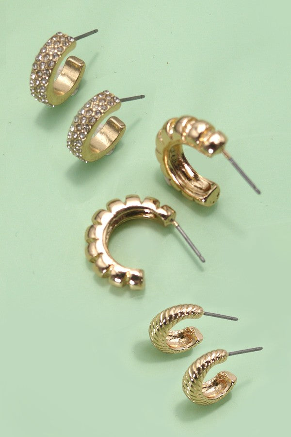 Trio Rhinestone Textured Huggie Earrings