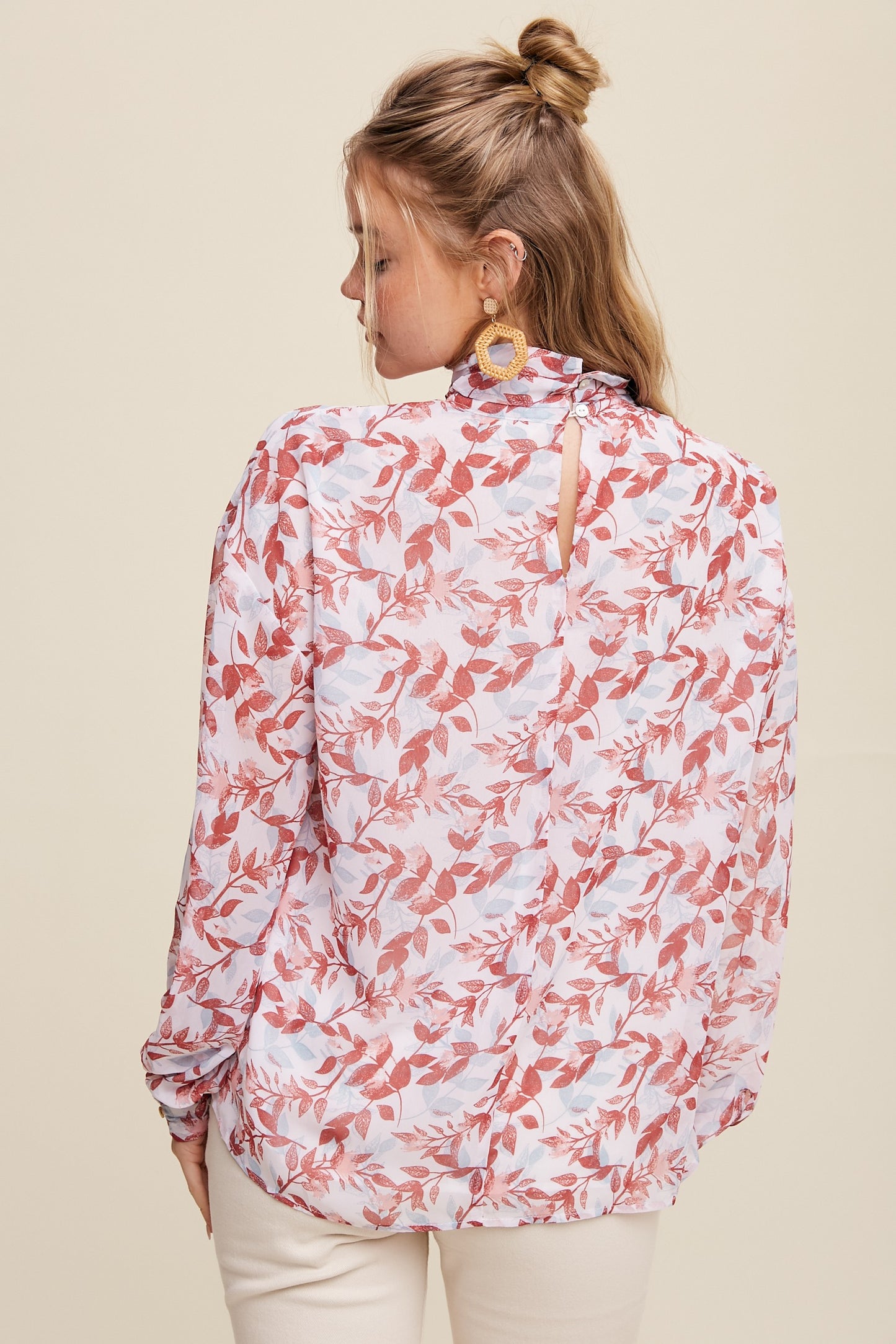 Leaf Printed Mock Neck Chiffon Blouse
