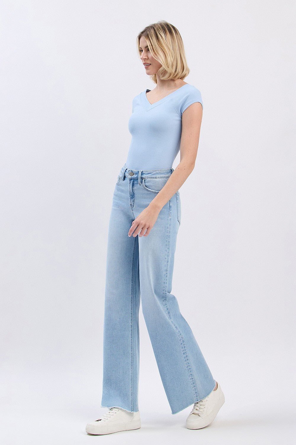 High Rise Raw Hem Light Wash Wide Leg Jeans