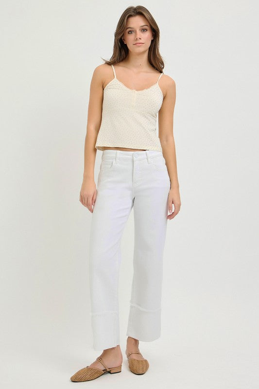 White Mid Rise Crop Wide Cuffed Pants