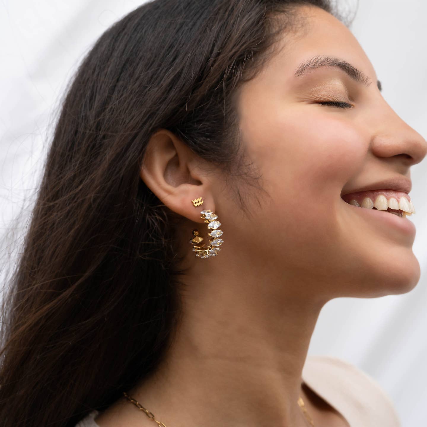 18K Gold Marquis Stone Hoop Earrings