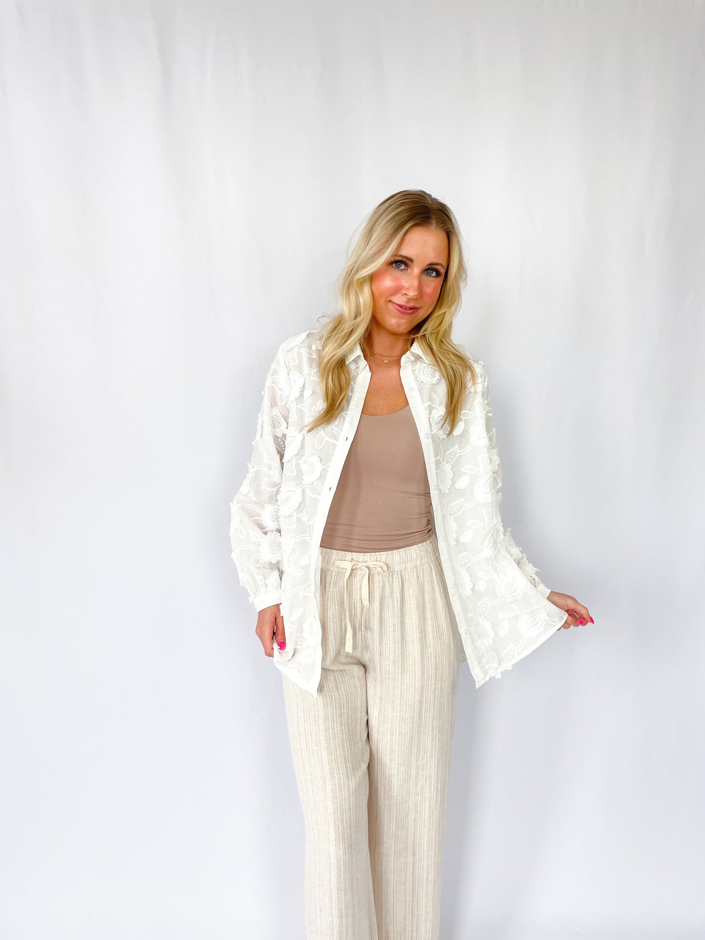 Natural Striped Linen Wide Leg Pants
