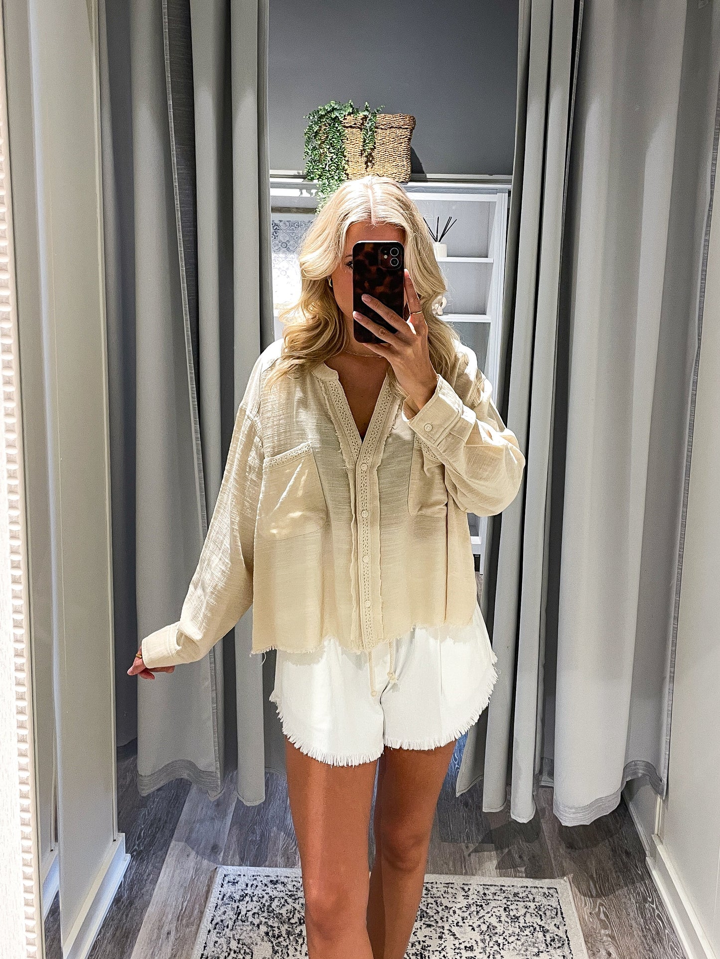 Oatmeal Lace Trim Button-Down