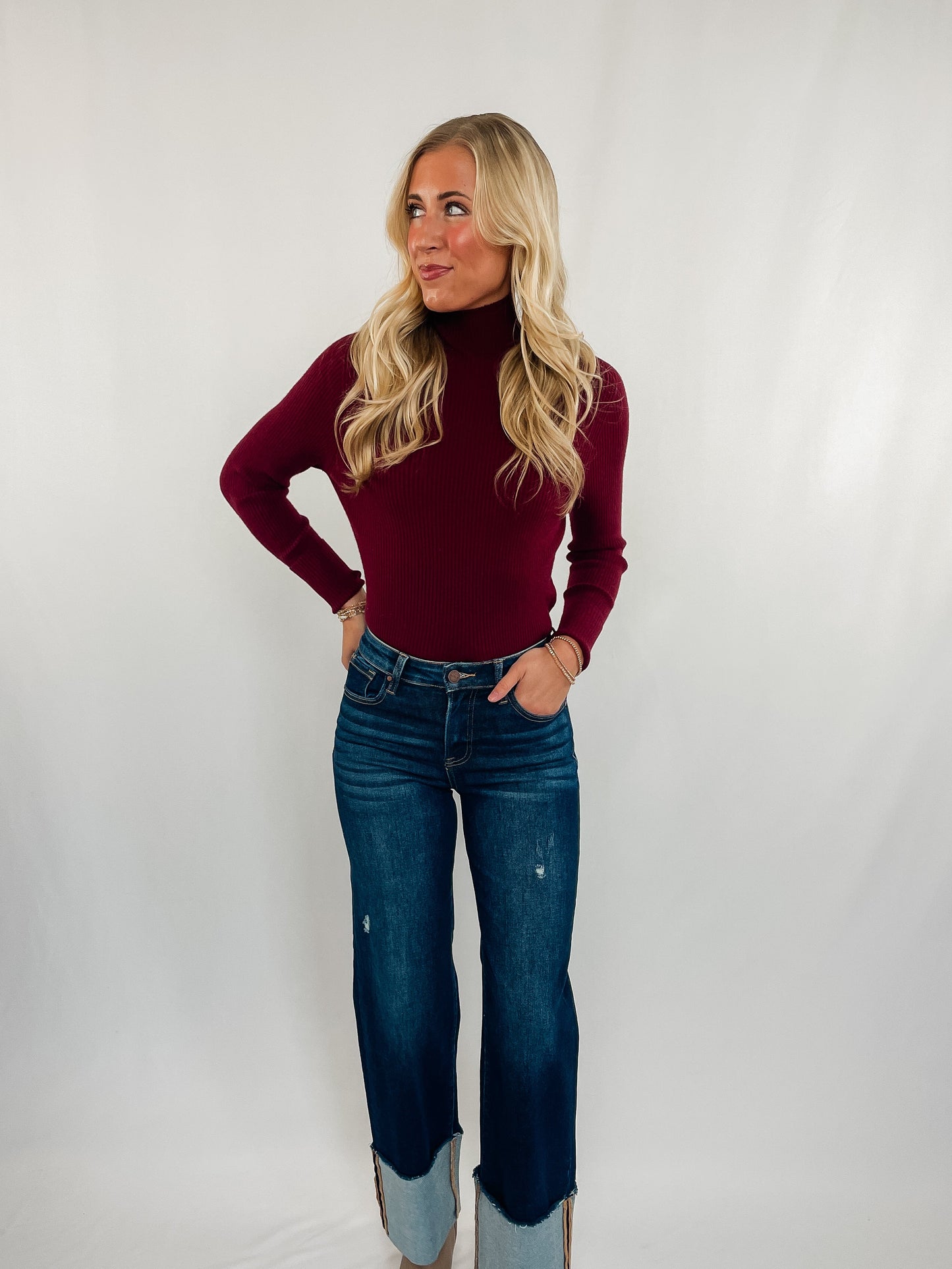 Red Mock Neck Ribbed Top