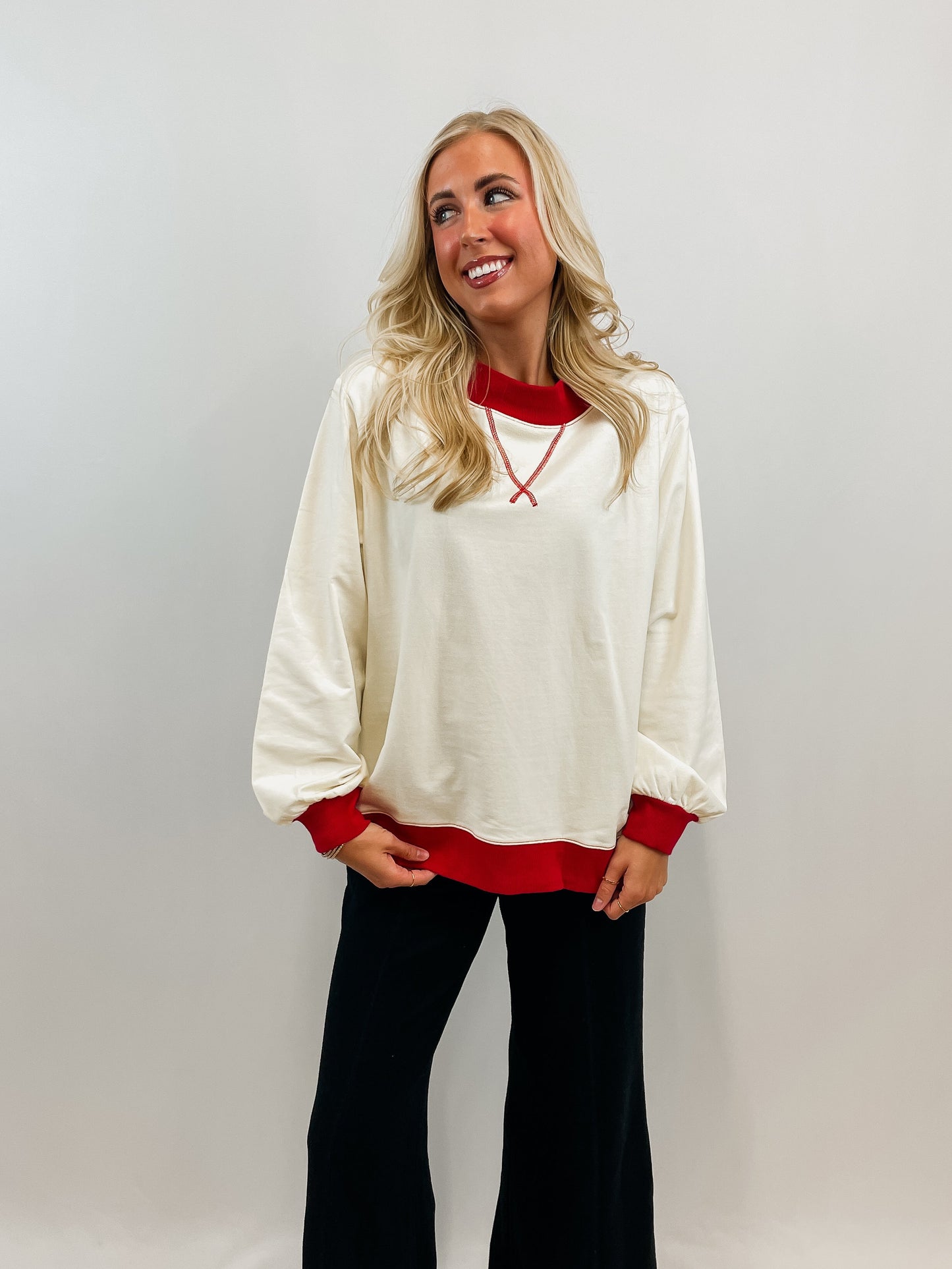 Cream & Red Mock Neck Sweatshirt