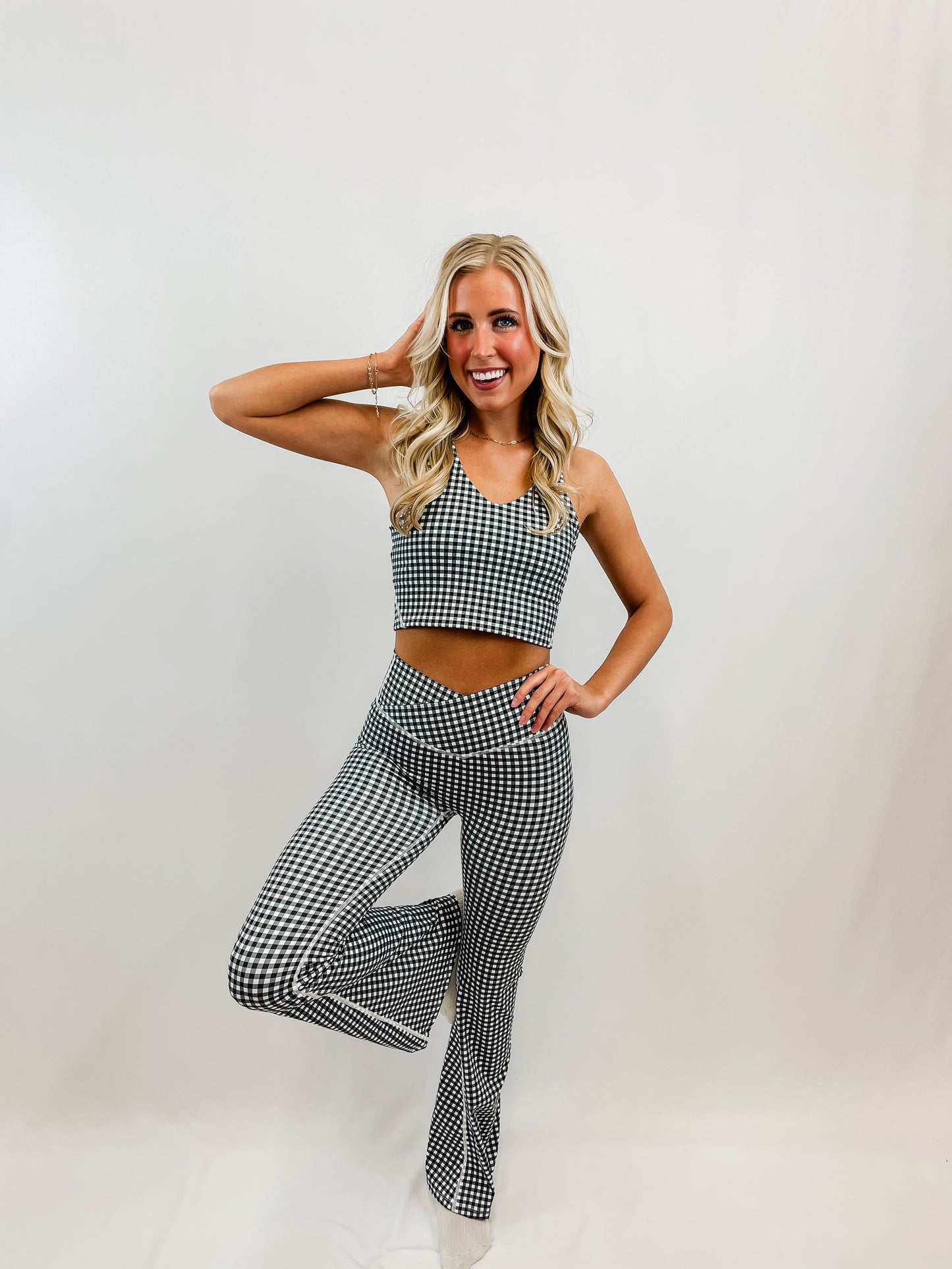 Black Gingham High Waist Crossover Flare Legging