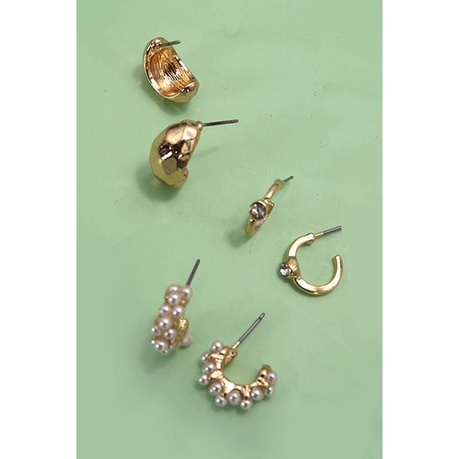 Trio Pearl Diamond Cut Huggie Hoop Earrings Set