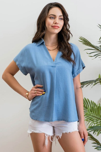 Chambray Collared Top