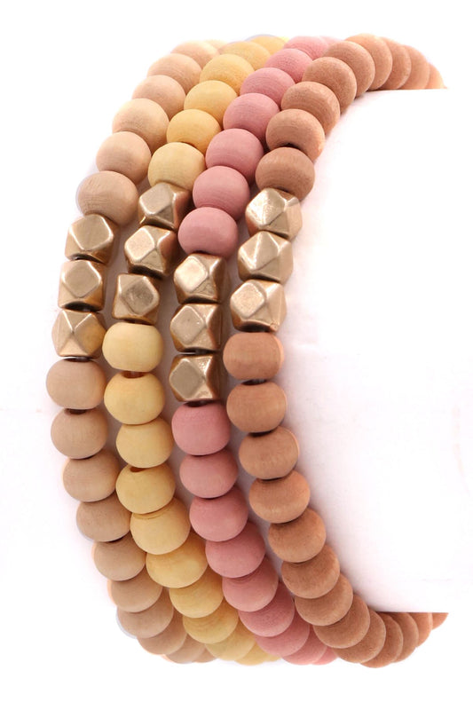 Peach Wood Bead Bracelet Set