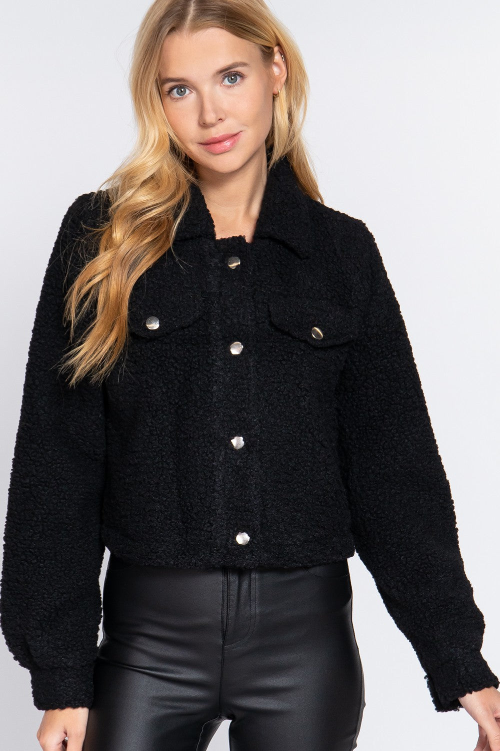 Long Sleeve Pocket Flap Button Down Faux Fur Jacket