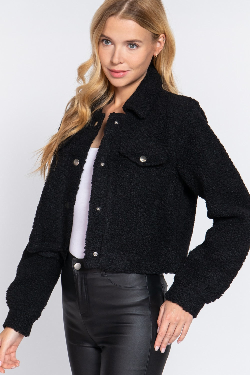 Long Sleeve Pocket Flap Button Down Faux Fur Jacket