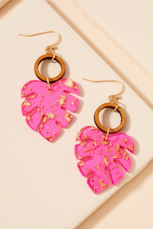 Pink Leaf Round Earrings