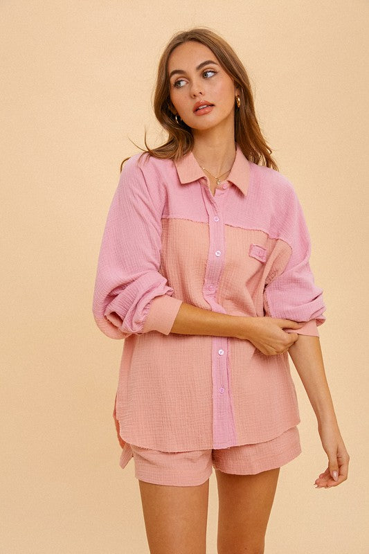 Cotton Gauze Color Block Button Up