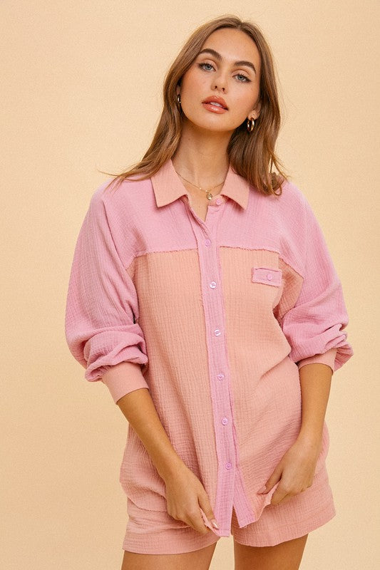 Cotton Gauze Color Block Button Up