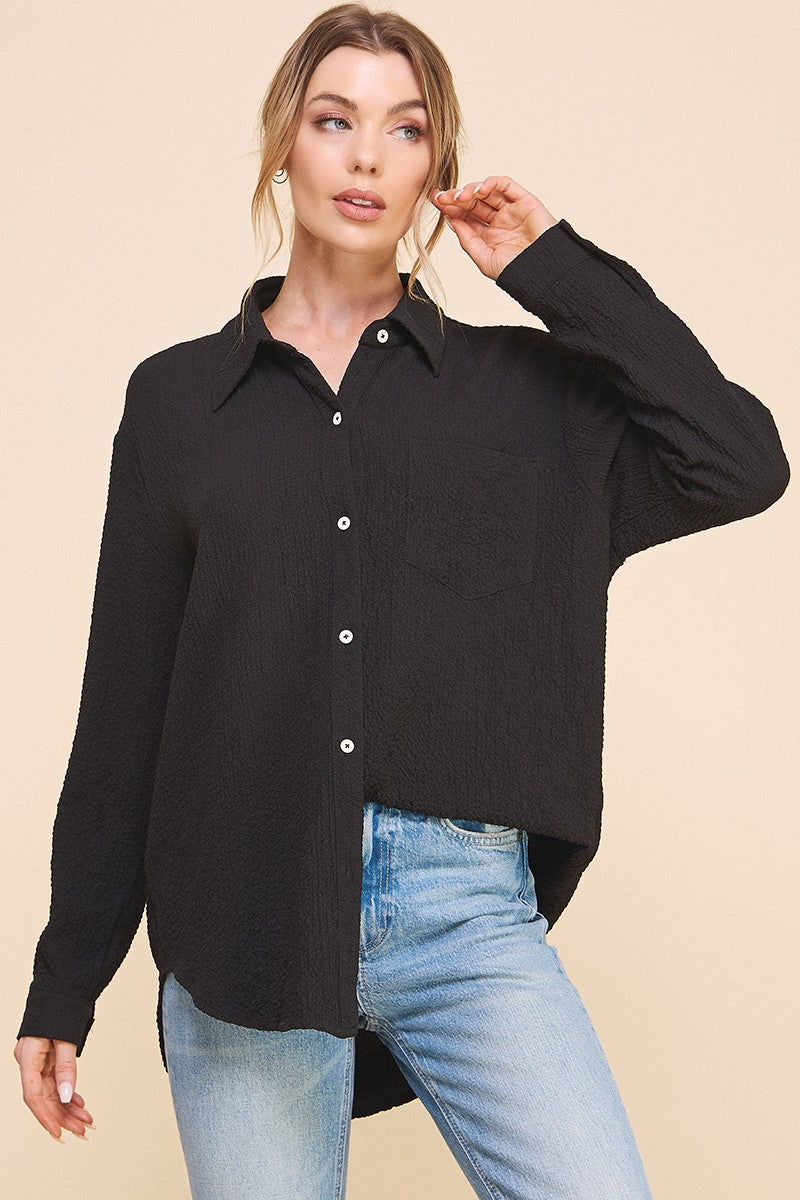 Black Crinkle Button Up