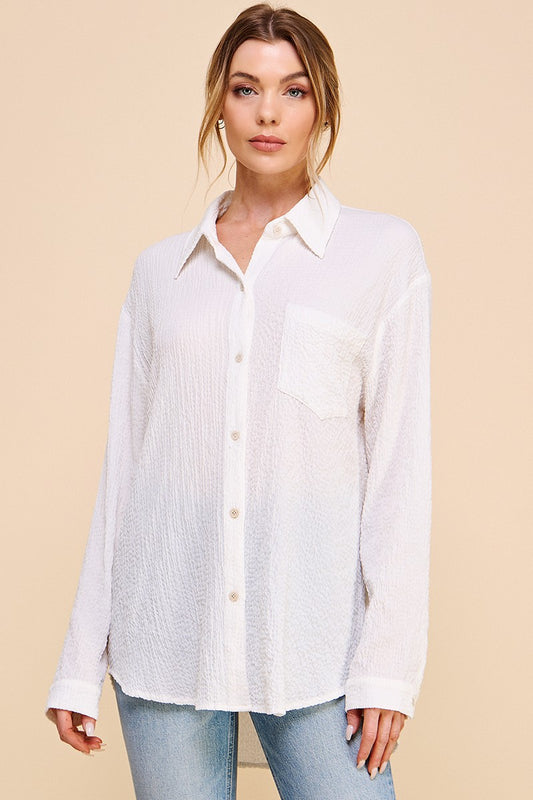White Crinkle Button Up