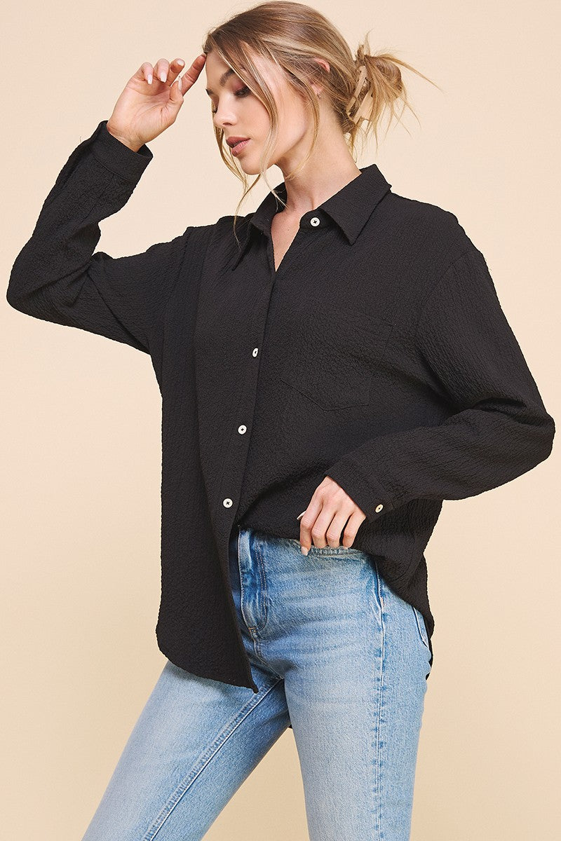Black Crinkle Button Up