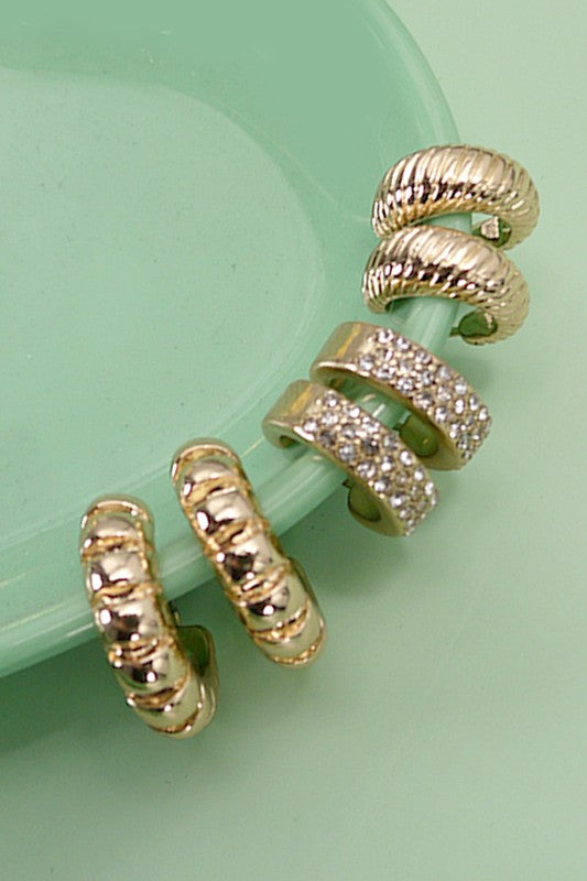 Trio Rhinestone Textured Huggie Earrings