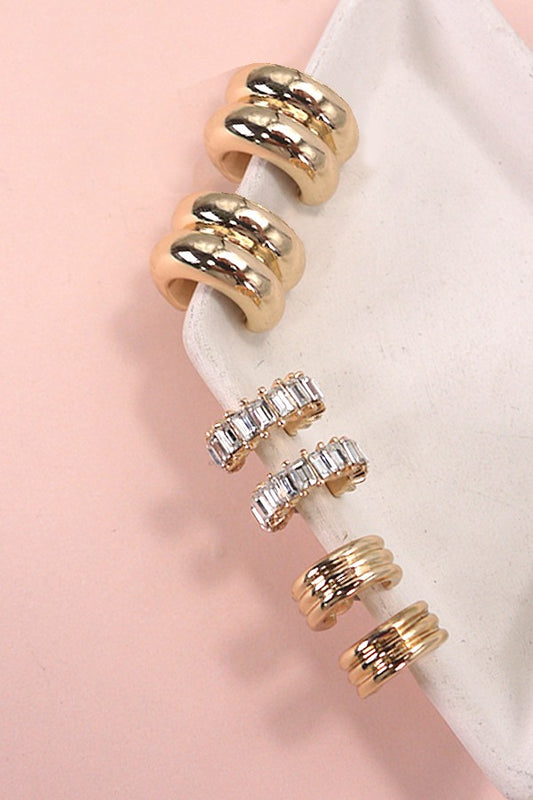 Baguette Hoop Huggie Trio Earrings