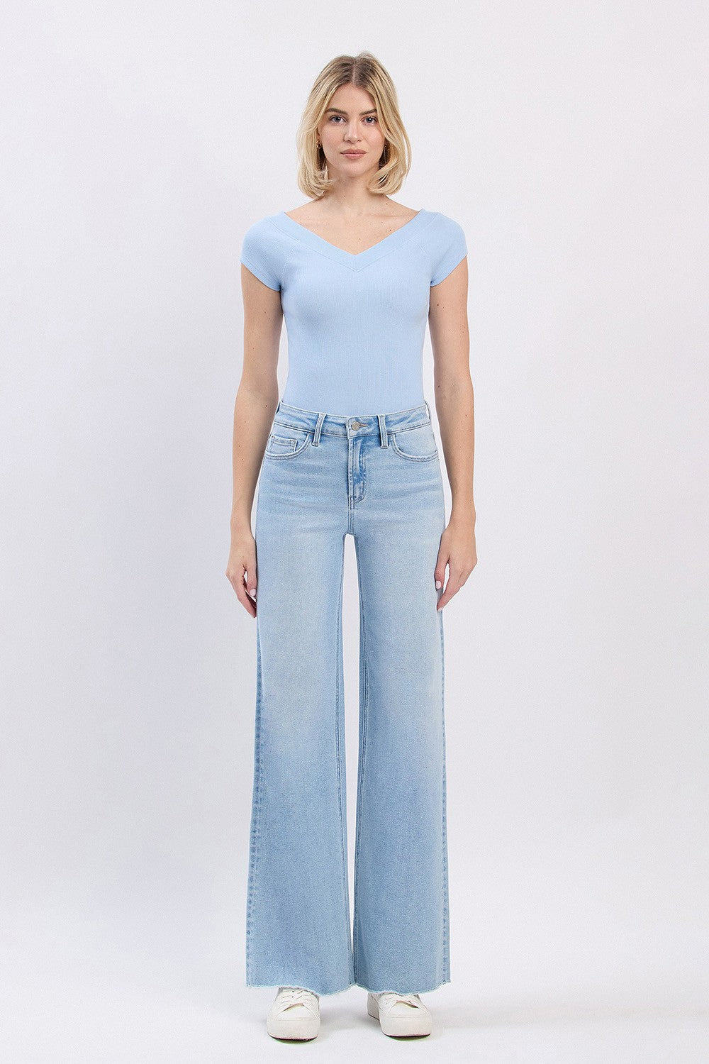 High Rise Raw Hem Light Wash Wide Leg Jeans