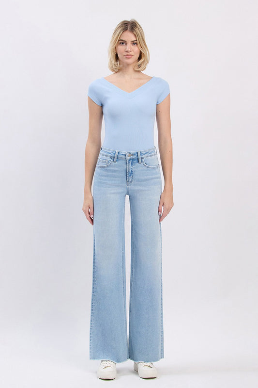 High Rise Raw Hem Light Wash Wide Leg Jeans