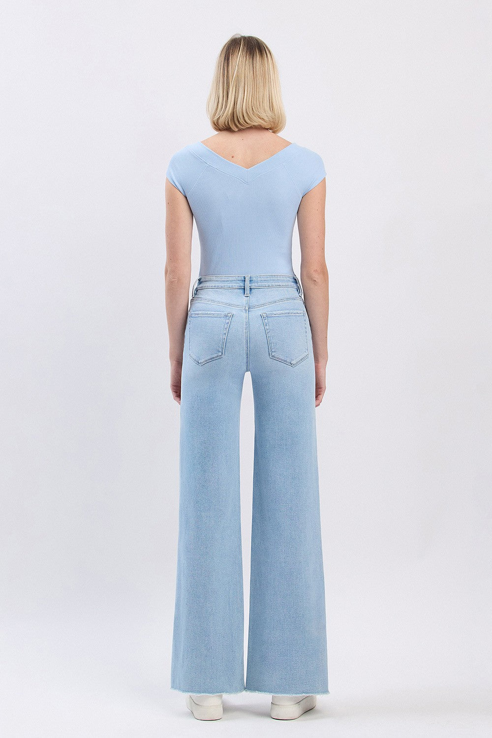 High Rise Raw Hem Light Wash Wide Leg Jeans