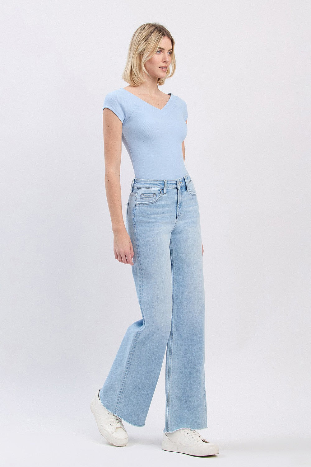 High Rise Raw Hem Light Wash Wide Leg Jeans