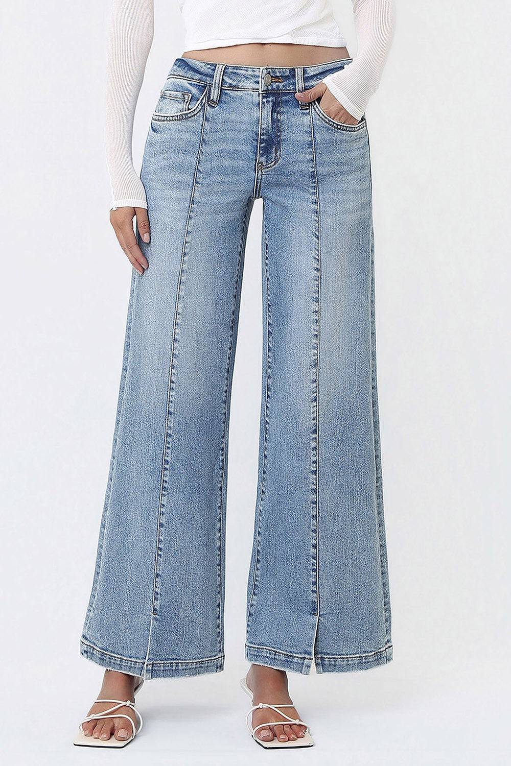 Mid-Rise Seam Detail Wide Leg Denim