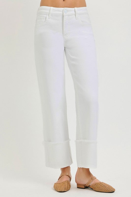 White Mid Rise Crop Wide Cuffed Pants