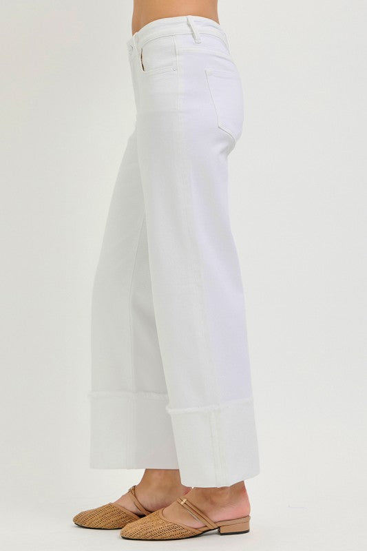 White Mid Rise Crop Wide Cuffed Pants