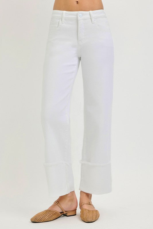 White Mid Rise Crop Wide Cuffed Pants