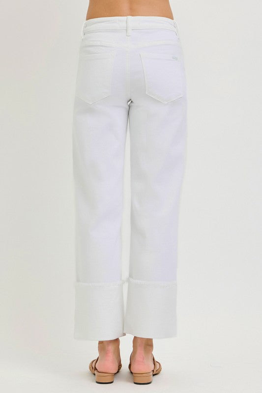 White Mid Rise Crop Wide Cuffed Pants