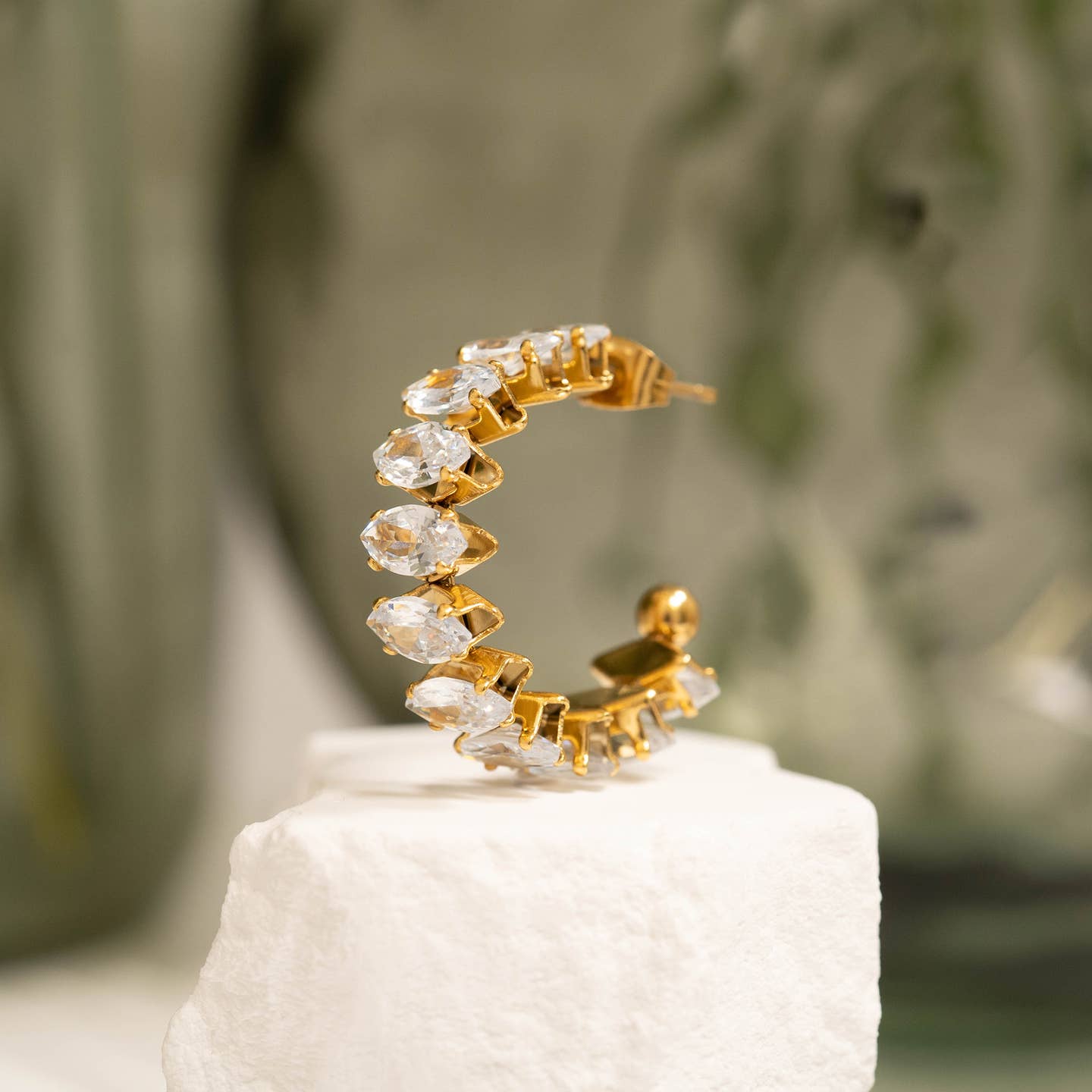 18K Gold Marquis Stone Hoop Earrings