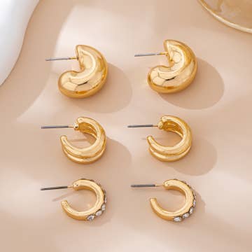 Rhinestone Double Puffy Hoop Trio