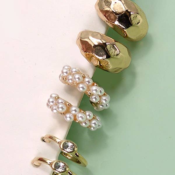 Trio Pearl Diamond Cut Huggie Hoop Earrings Set