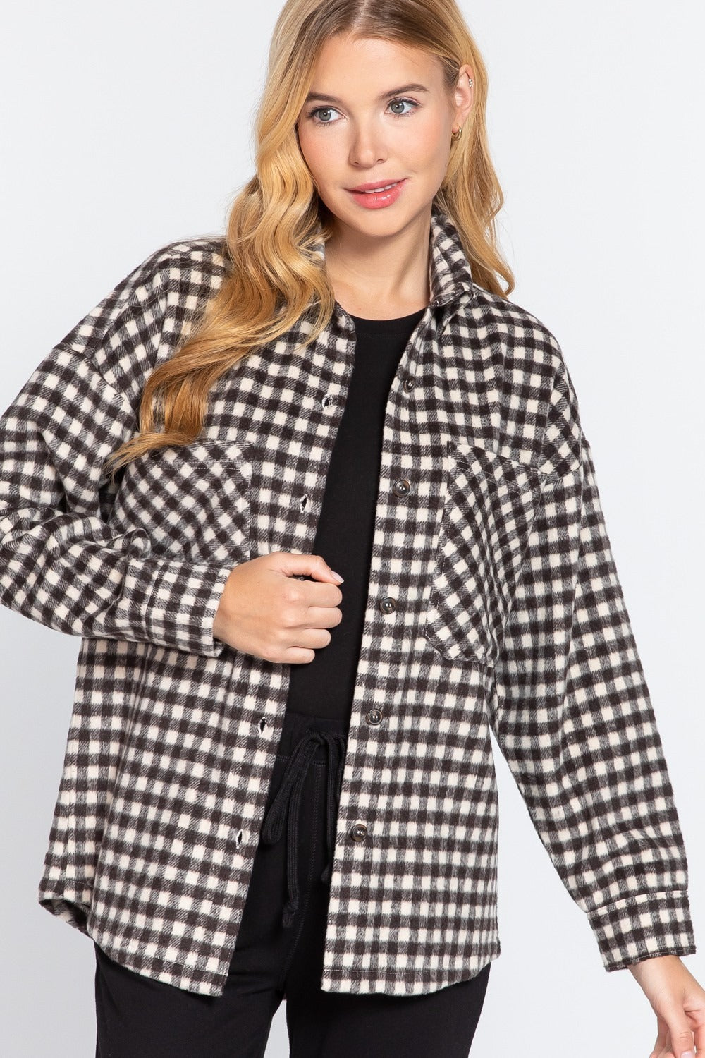 Cream/Black Long Sleeve Brushed Plaid Oversized Jacket