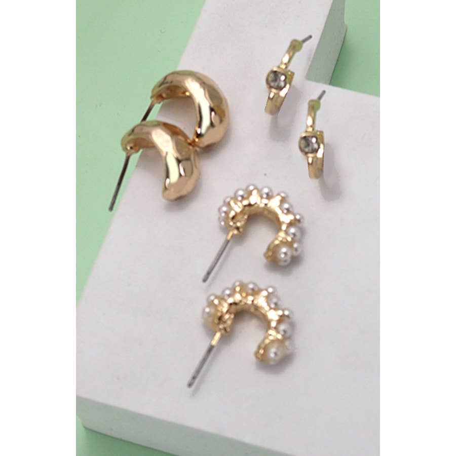 Trio Pearl Diamond Cut Huggie Hoop Earrings Set