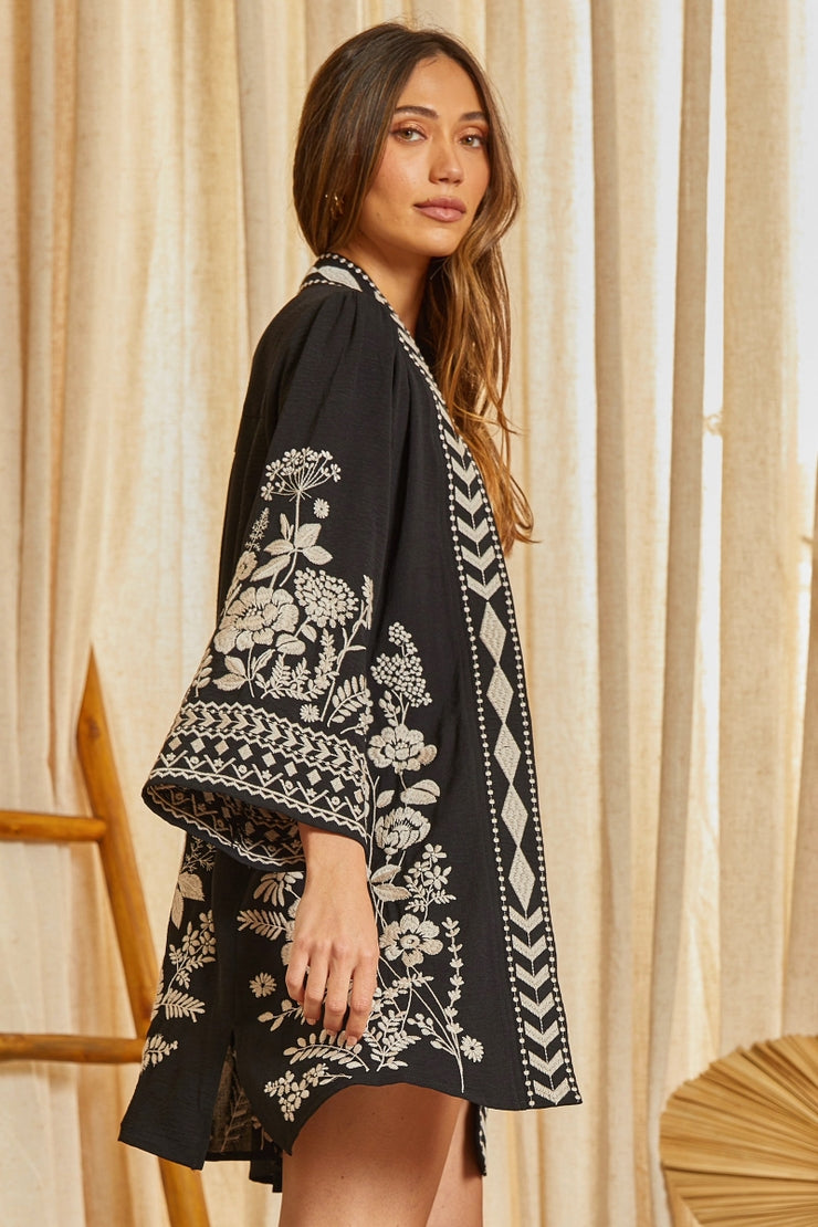 Embroidered Open Front Cardigan
