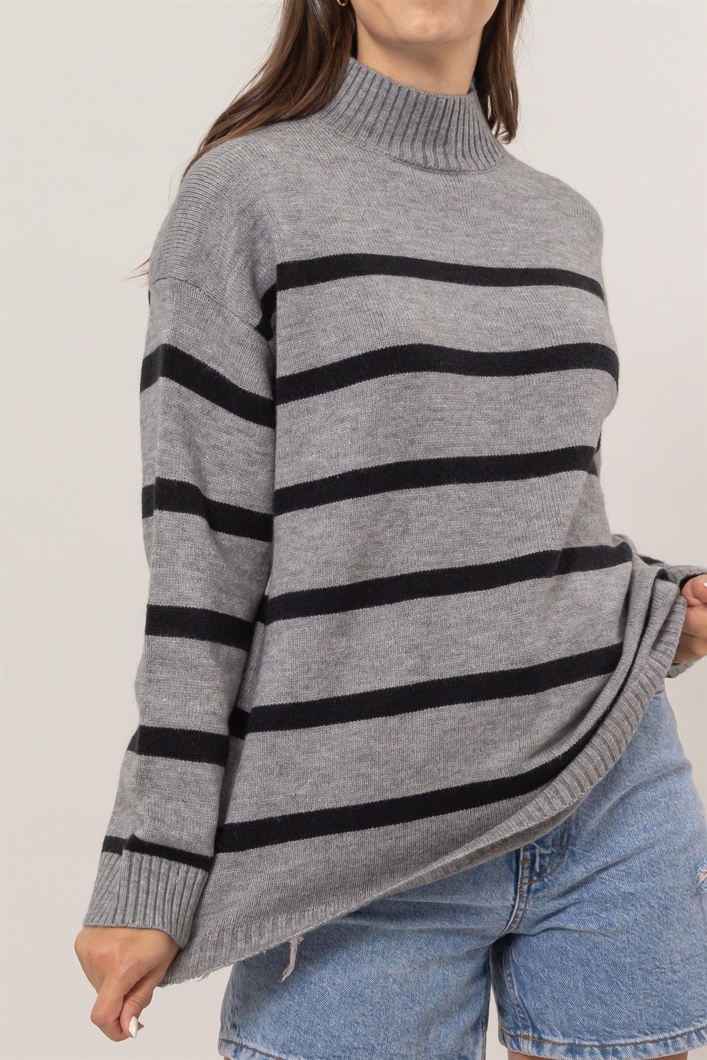 Grey Stripe Mock Neck