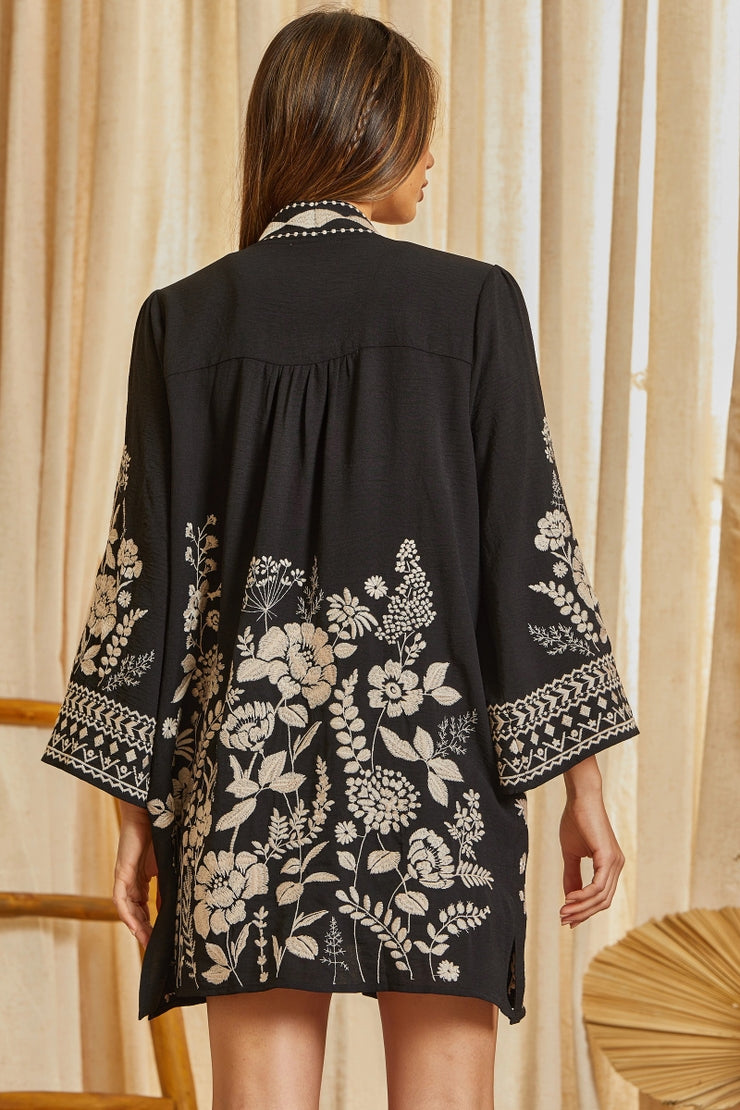 Embroidered Open Front Cardigan