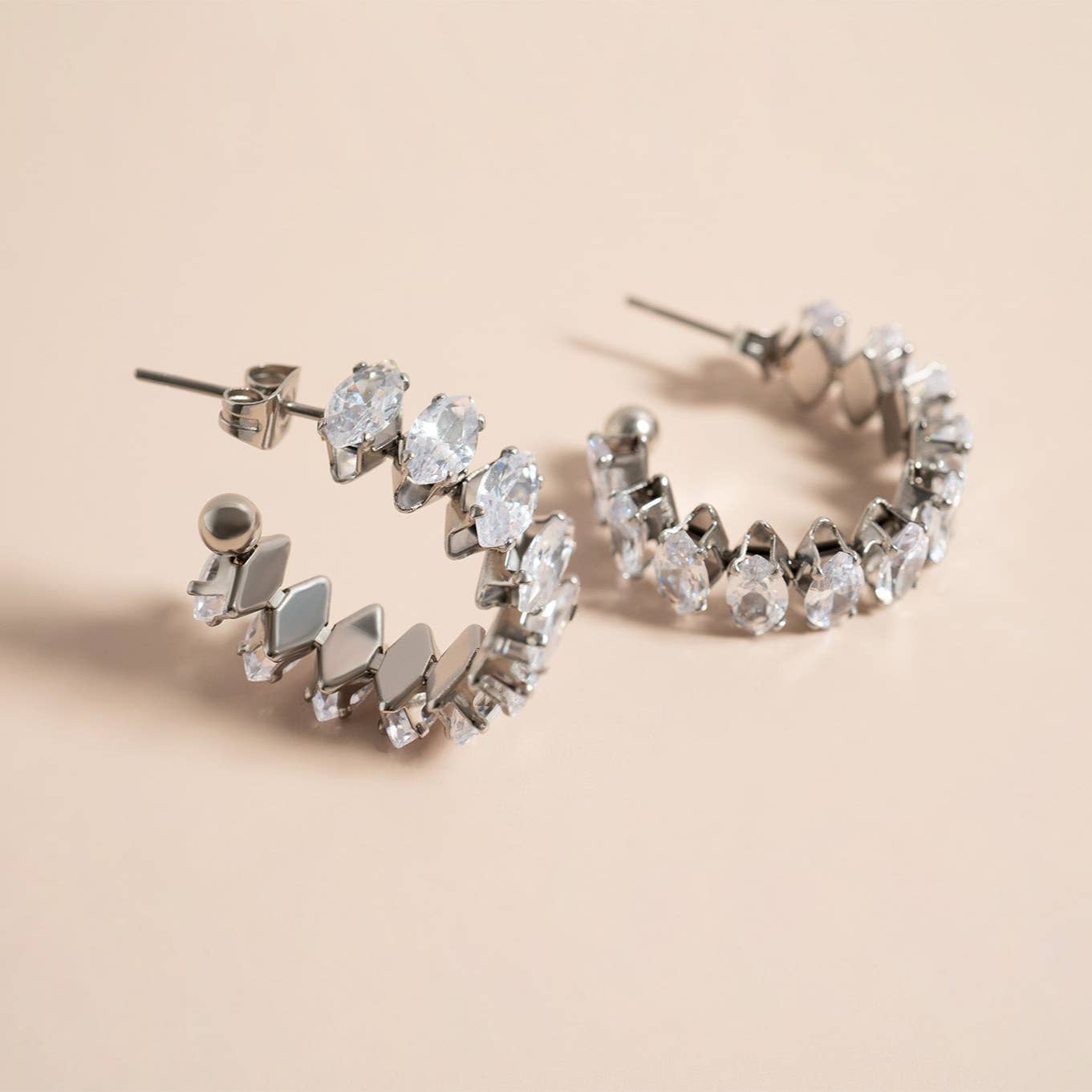 18K Silver Pvd Marquis Stone Hoop Earrings