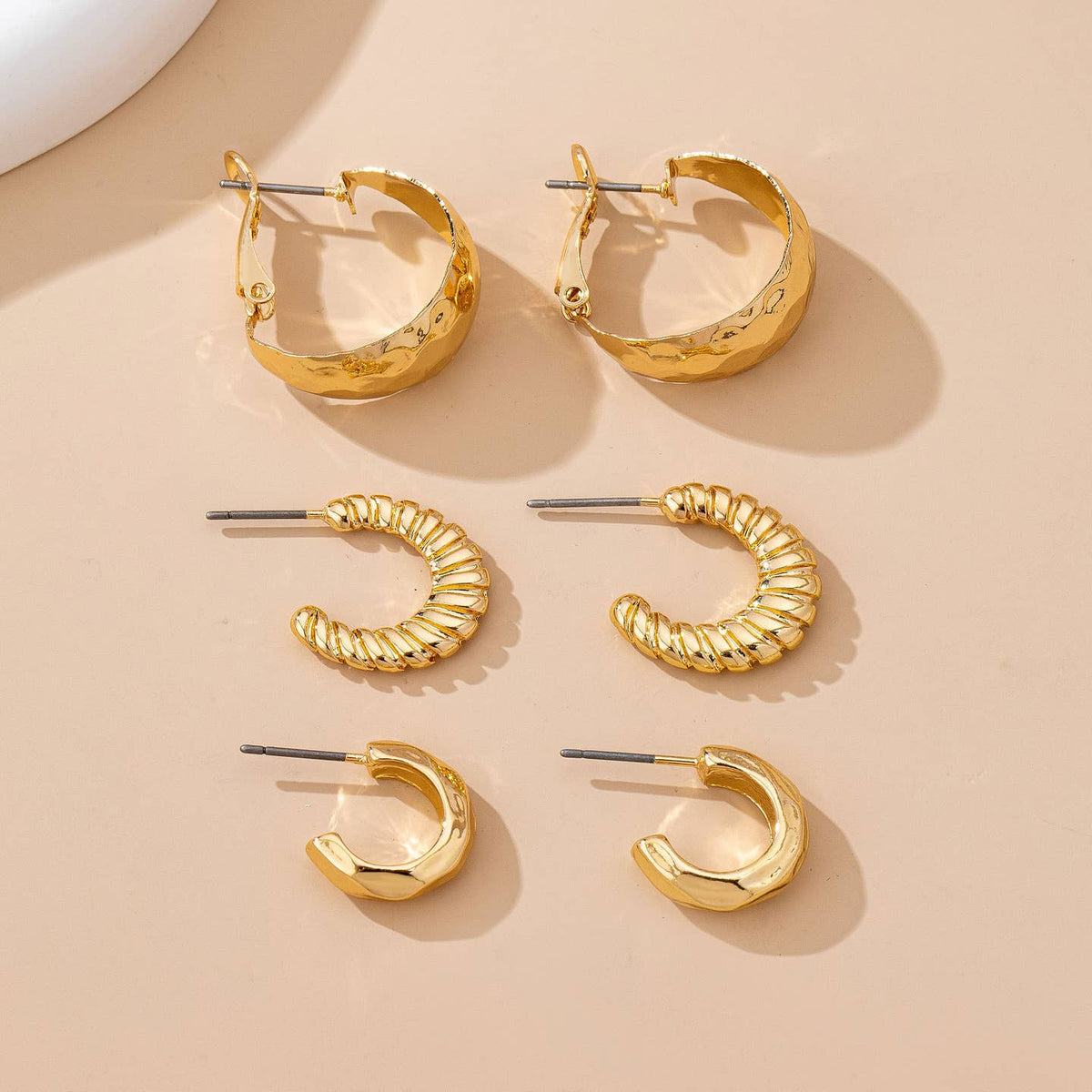 Mixed Texture Gold Crescent Hoop Trio