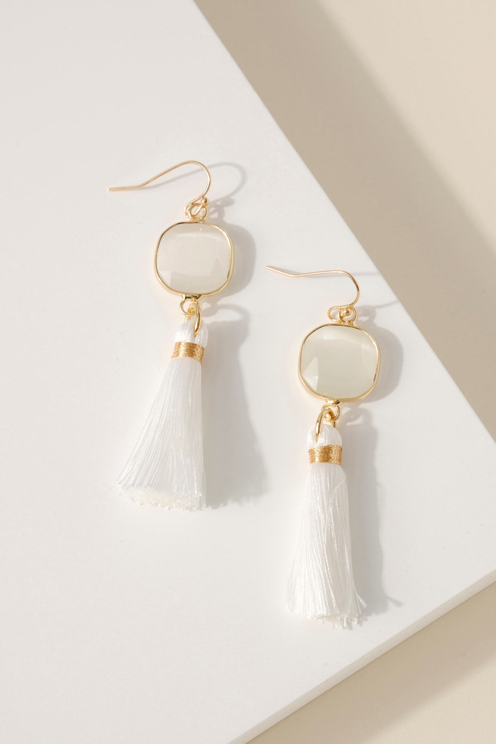 Glass Stone Tassel Dangling Earrings White