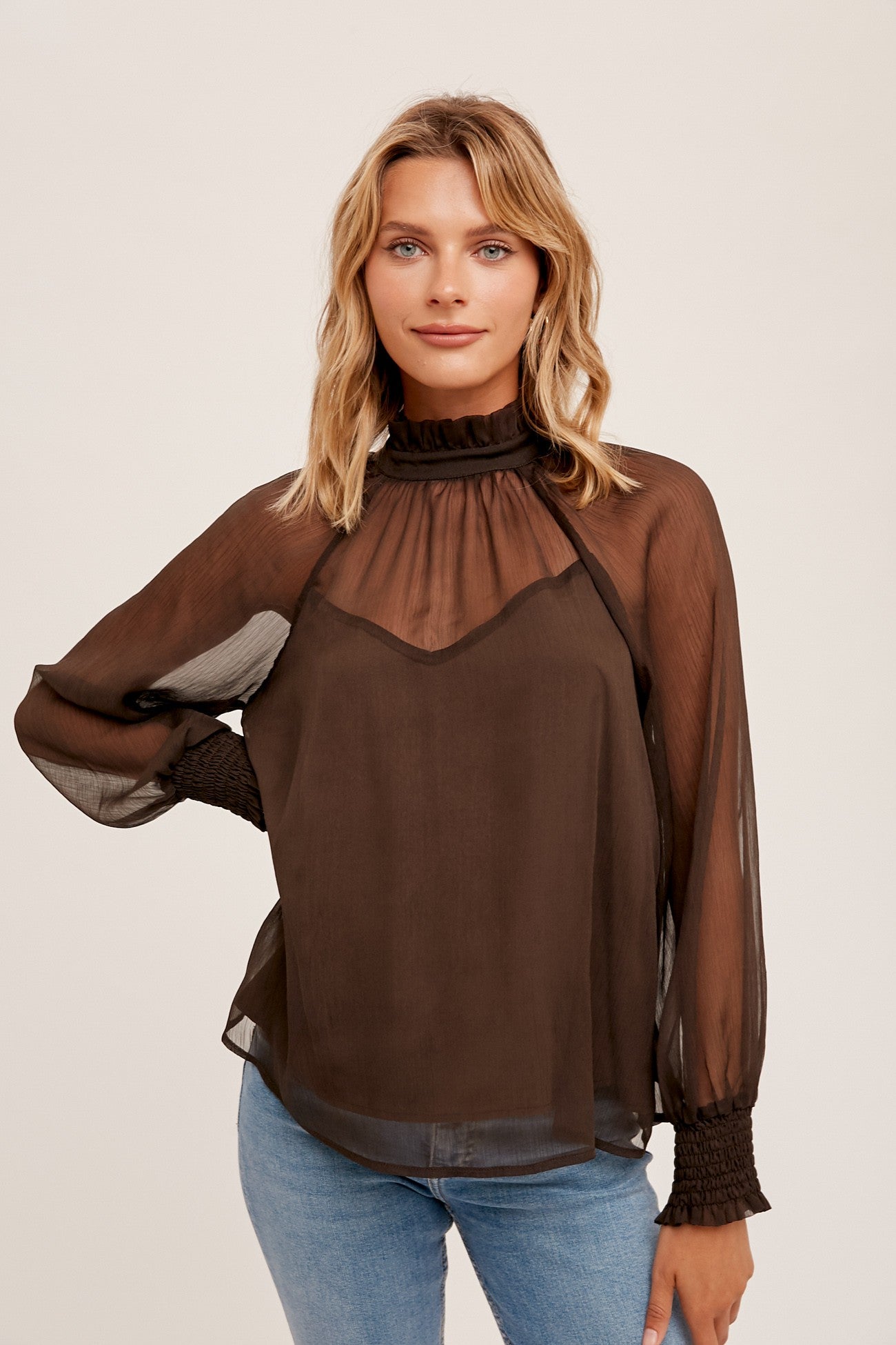 Ruffle Neck Smock Blouse