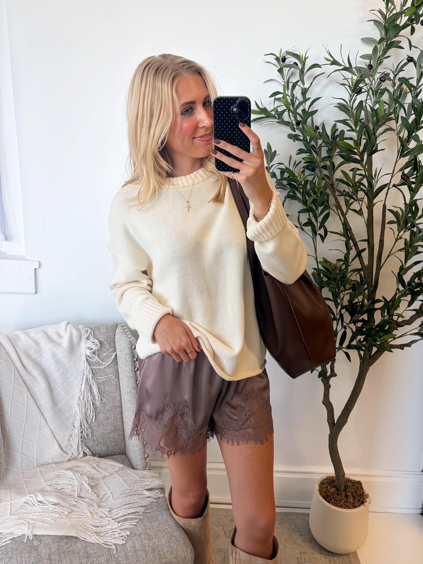 Mocha Lace Trim Satin Shorts