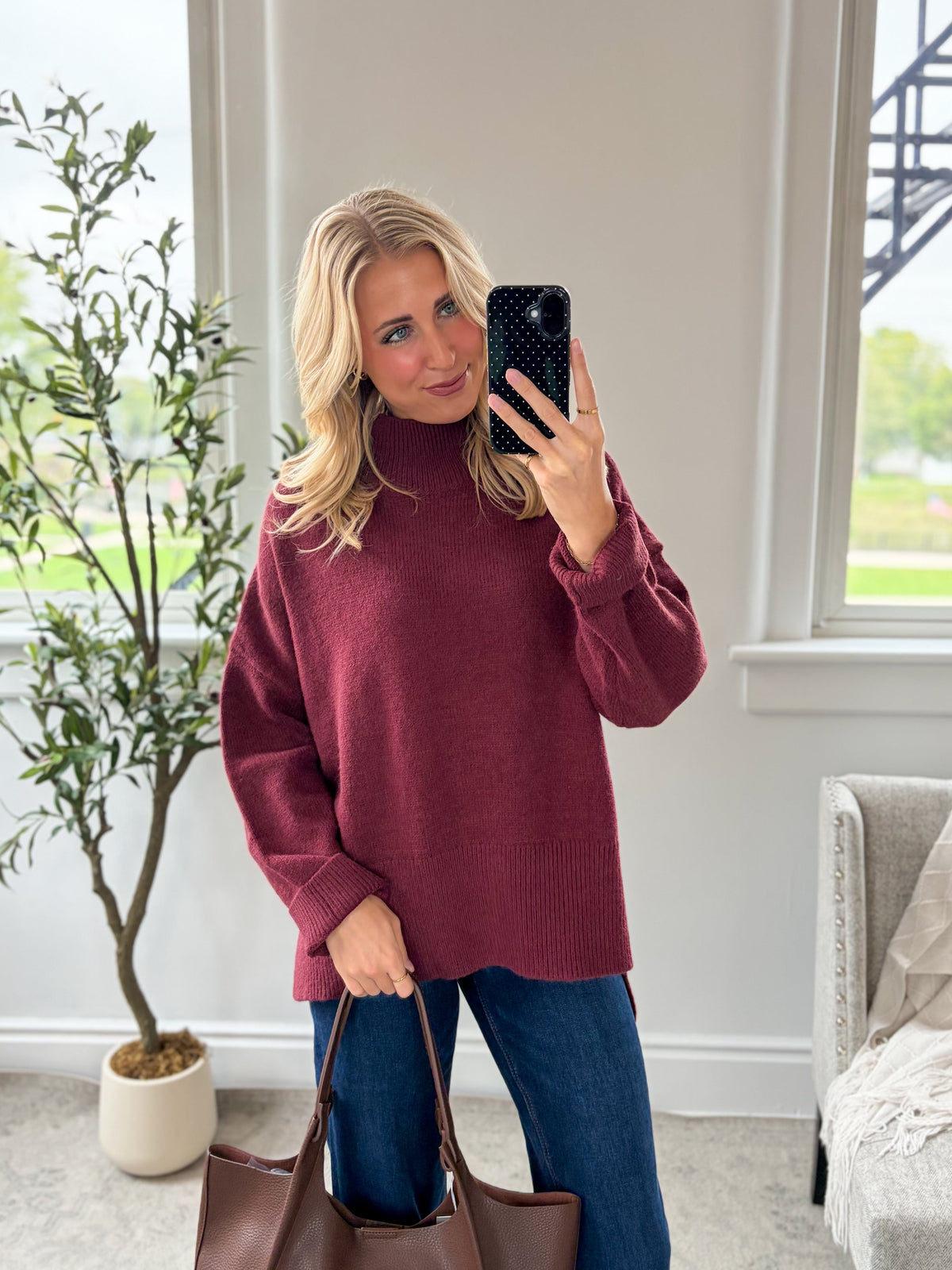 Wine Mock Neck Sweater