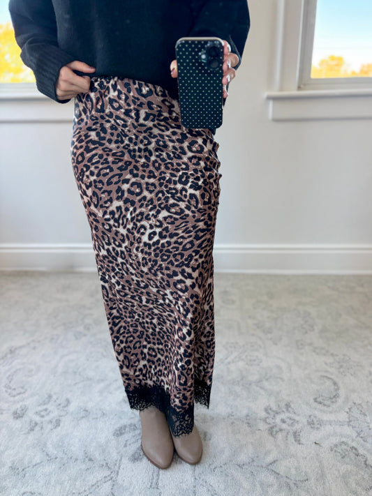 Leopard Lace Satin Maxi Skirt