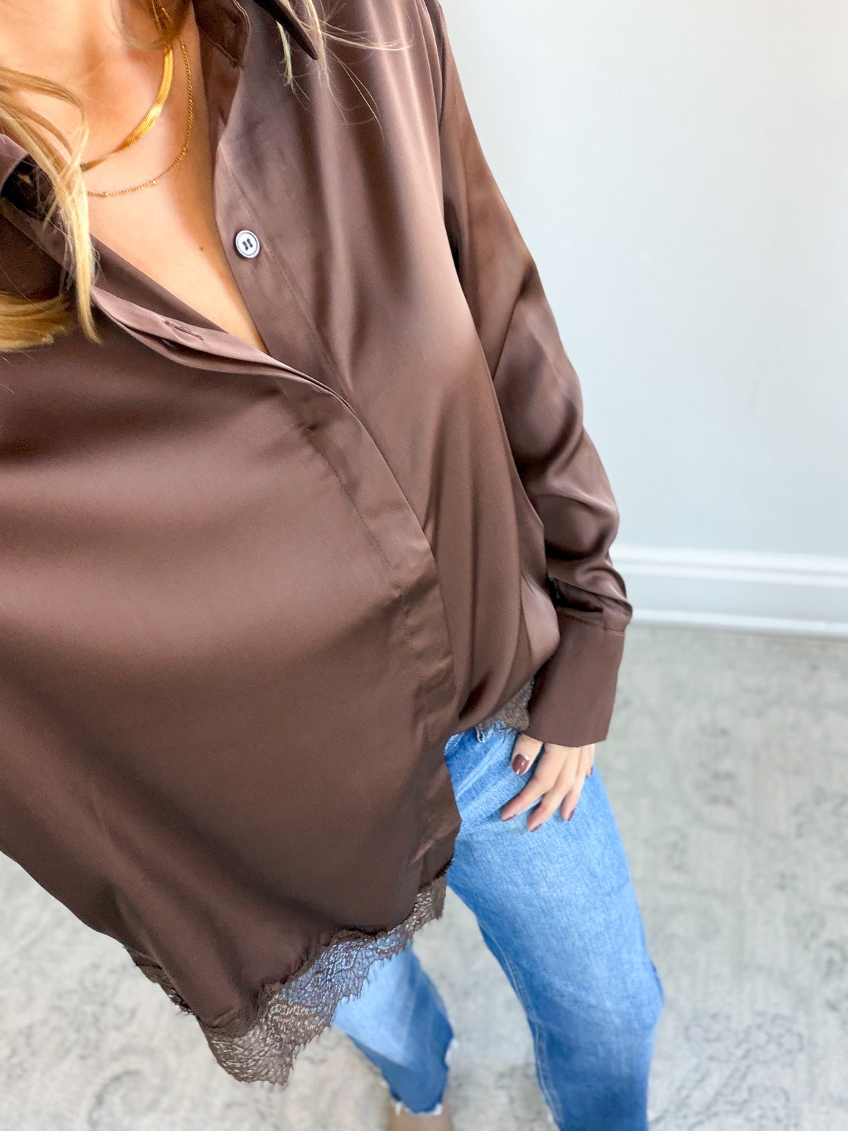 Dark Oak Lace Satin Top