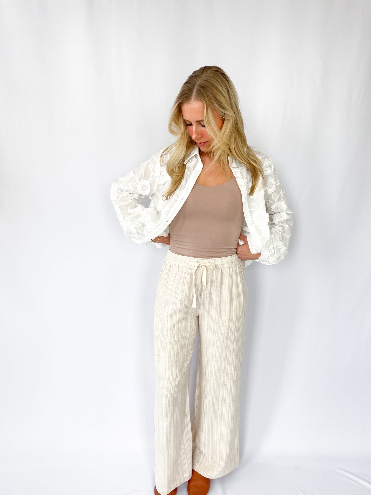Natural Striped Linen Wide Leg Pants
