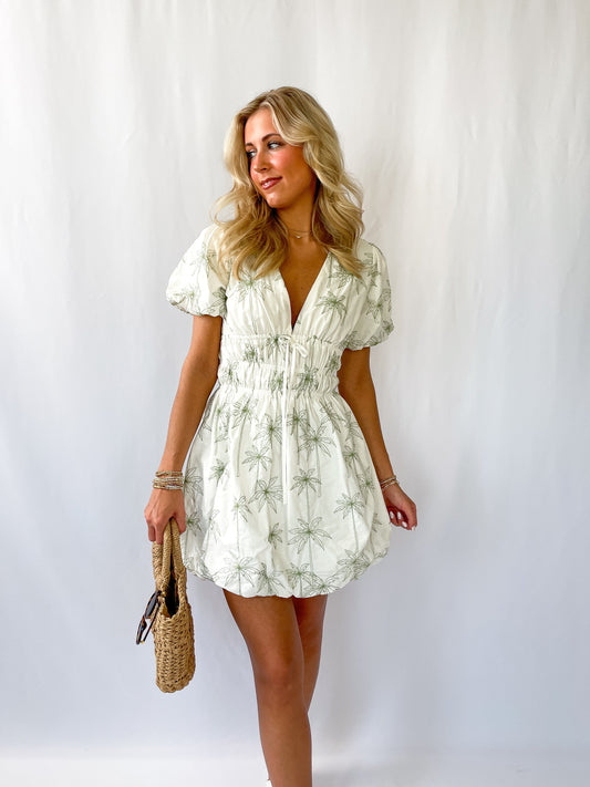 Palm Tree Embroidered Mini Bubble Dress